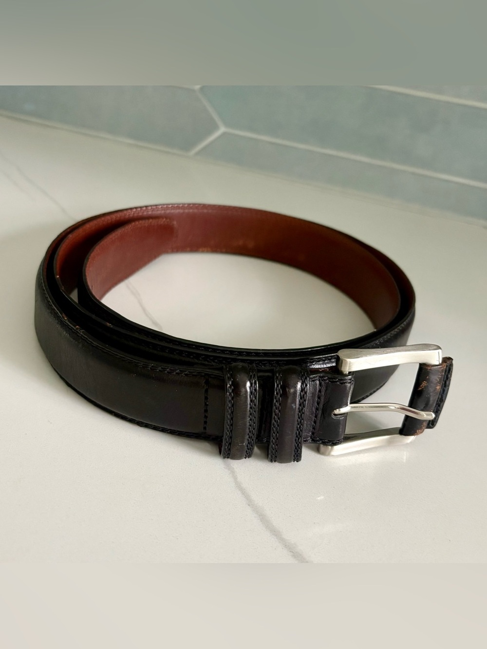 Roundtree & Yorke Mens Black Leather Dress Belt Silver Buckle Size 52 Big & Tall